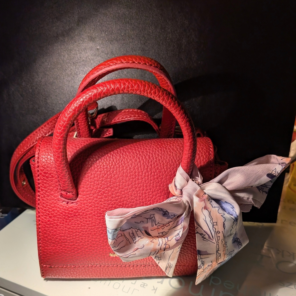 Red Mini Top-Handle Bag with Decorative Scarf